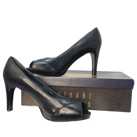 Stuart Weitzman Black Leather Peep Open Toe High Heel Luxury Pumps Size 7.5M - Picture 1 of 13